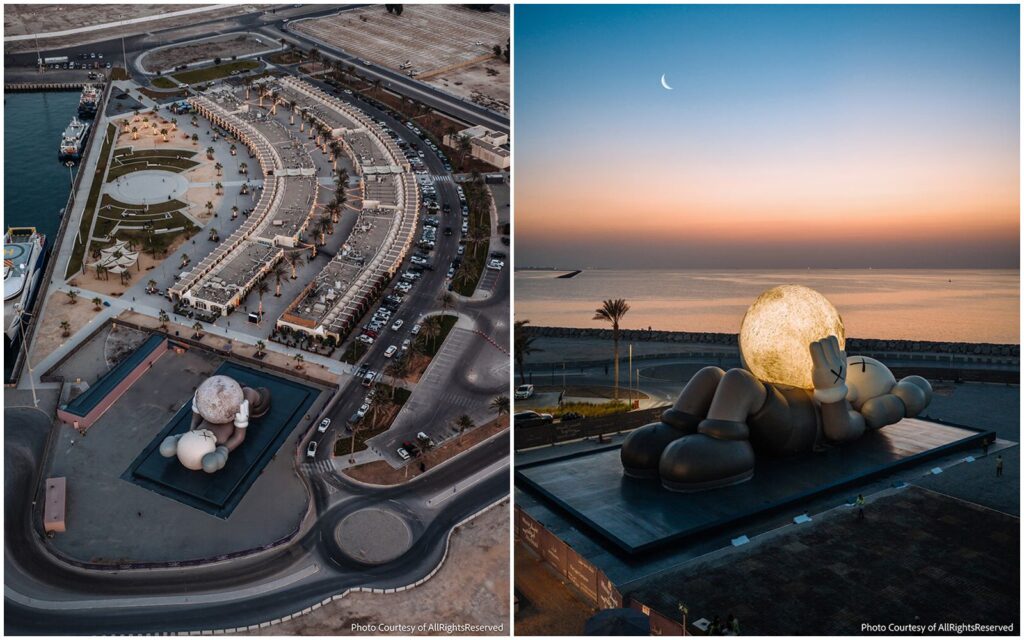 KAWS:HOLIDAY 在阿布達比登場，大型裝置藝術點亮夜色。