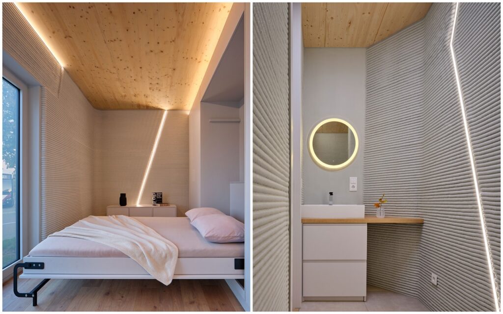 盧森堡第一座 3D 列印住宅「Tiny House LUX」的內部，包含掀床臥室及浴室洗手台。